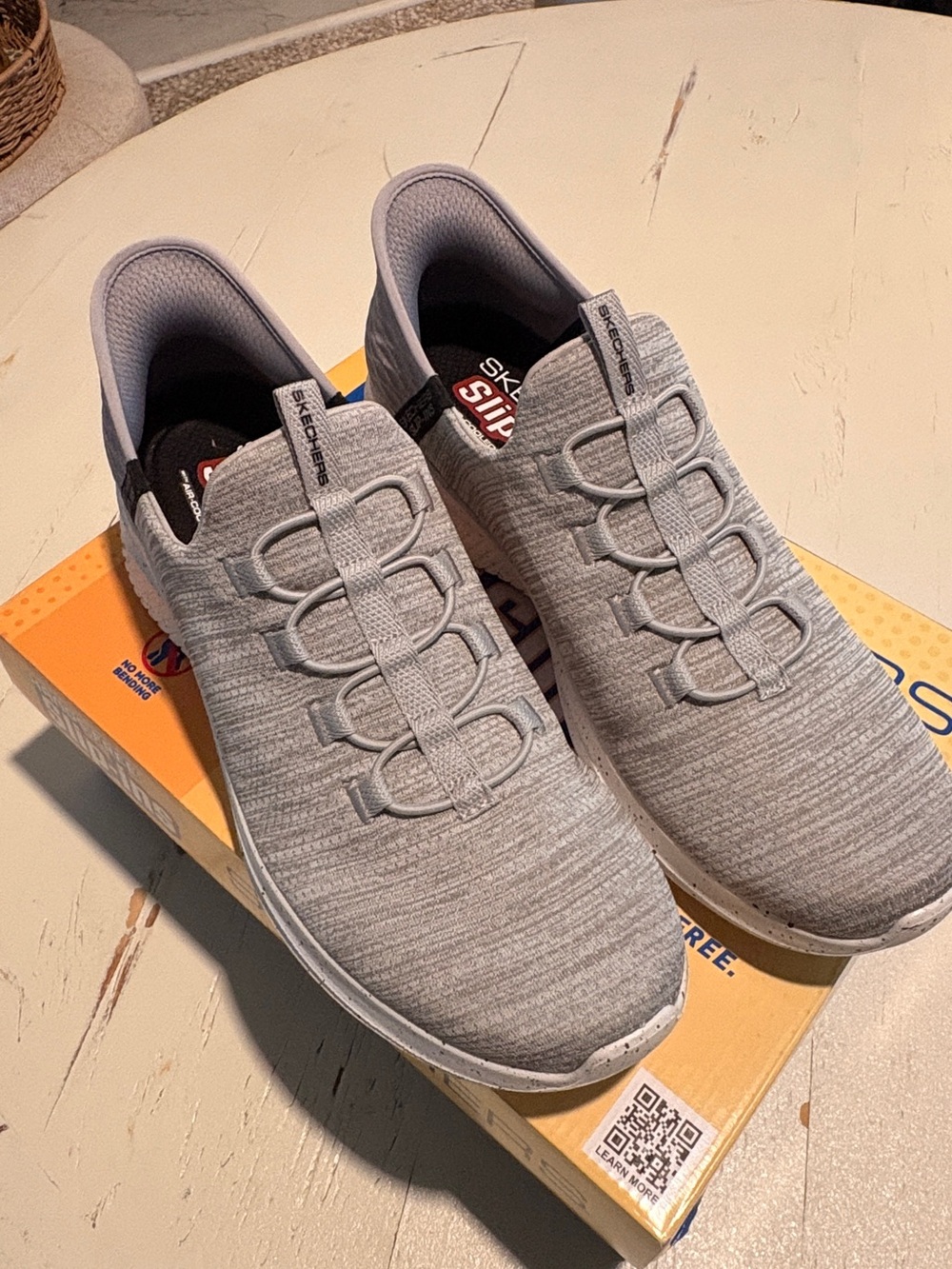 Skechers Men’s Slip-On Knit Sneakers in Light Gray and White